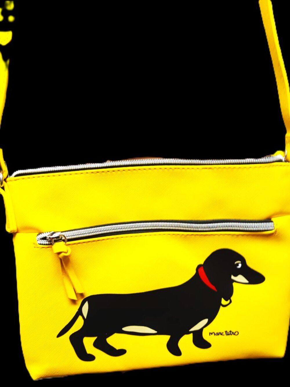 Cruelty free Marc Tetro Dachshund "side eye" cross body bag.